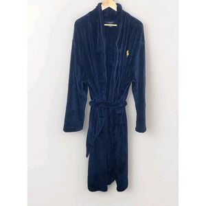 Polo Ralph Lauren Robe Mens Navy Blue Gold Pony Plush Microfleece BathrobeXL